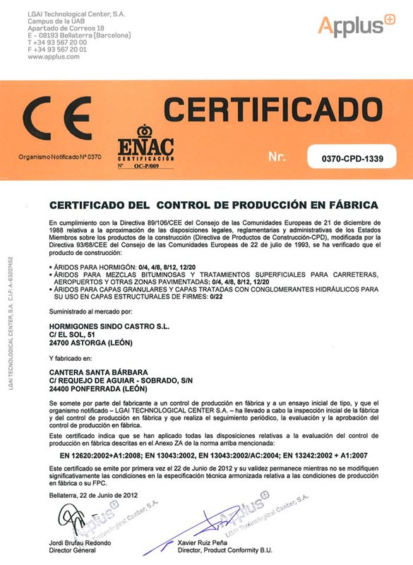 Hormigones Sindo Castro certificado