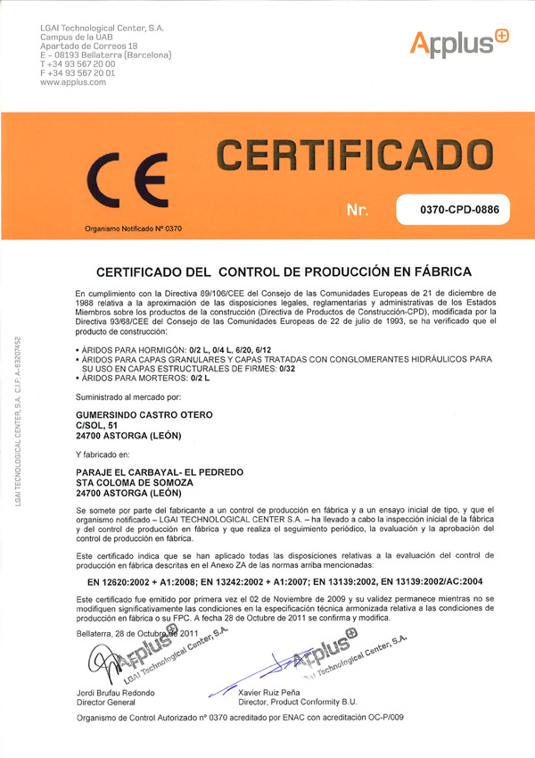 Hormigones Sindo Castro Gravera Pedredo certificado